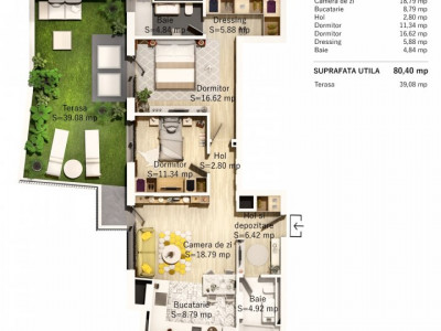 Apartament 3 camere | 80 mp | terasa 40 mp| Parcul Central