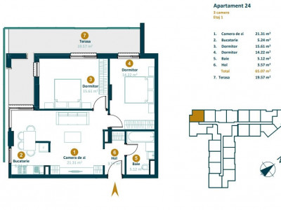 Apartament 3 camere | 65 mp | Terasa 20 mp | Intre Lacuri