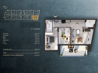 | Apartament 3 camere | 77 mp | Semifinisat | Elite City |